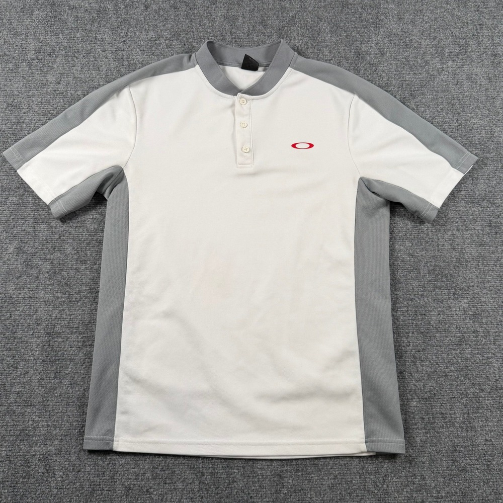 Oakley Henley Polo Shirt Mens Small White Grey Short Sleeve Performance Golf Top